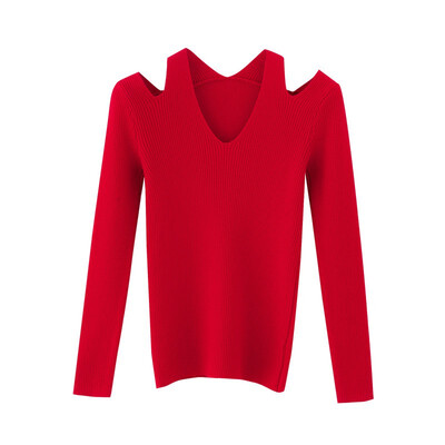 

New Slim Solid Color Off The Shoulder Sweater Korean Style Sexy V-neck Long Sleeve Women Knit Pullover For Autumn