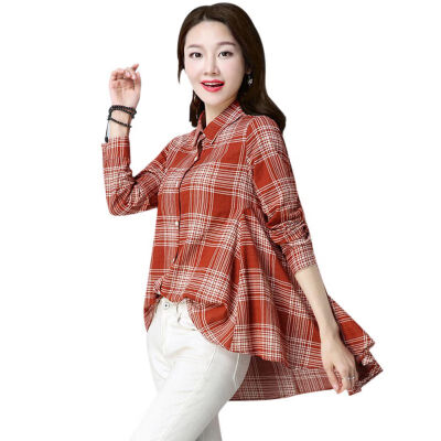 

Women Loose Plaid Print Irregular Hem Long Sleeve Lapel Button Casual Shirt Tops