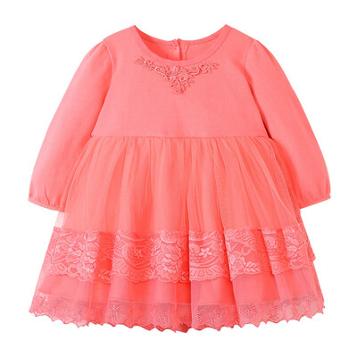 

Children Spring Autumn Girls Cute Solid Color Mesh Stitching Round Collar Princess Long-Sleeved Sweet Dress