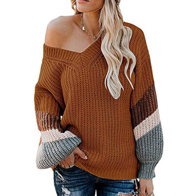 

Tailored Womens V Neck Long Sleeve Striped ColorBlock Knitted Chunky Pullover Sweater