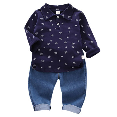 

Autumn Shirt Trouser Set Children Baby Boys Casual Long Sleeve Crown Pattern Shirt TopsDenim Pants Set