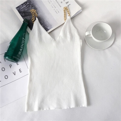 

Sexy Women Thin Knit Sweater Tank Tops V-neckline Womens Metal Strap Off Shoulder Vest Knot Cropped Tank Tops