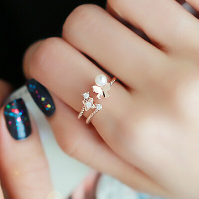 

WomenFashion Open Adjustable Butterfly Pearl Lovely Silver Rose Gold Gold Ring Vintage Jewelry Diamond Ring