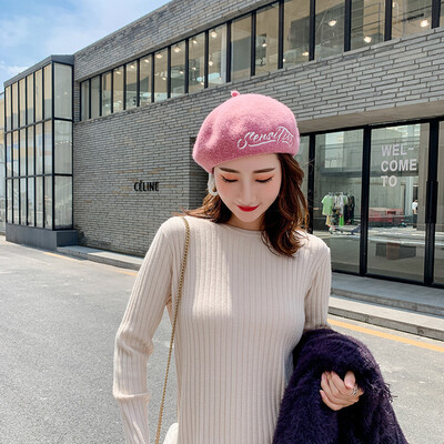 

Ms beret autumn&winter Korean embroidery Japanese British retro red bud hat plush painter hat wholesale
