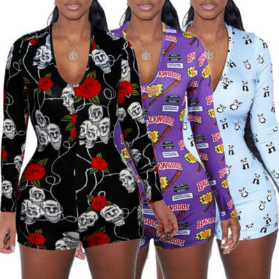 

UK Women Floral Long Sleeve V Neck Bodycon Jumpsuit Bodysuit Romper Leotard Tops