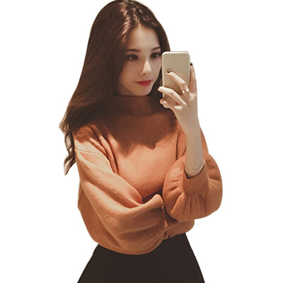 

Womens Casual Long Lantern Sleeve Loose Knitted Turtleneck Sweater Jumper Pullover Solid Tops Female 2019 Autumn New Arrival