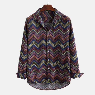 

Toponeto Mens Vintage Ethnic Striped Printing Loose Long Sleeve Stand Collar Casual Shirt