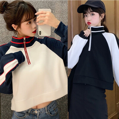 

Women Color Matching High Collar Long Sleeve Zipper Casual Warm Winter Autumn Loose Tops