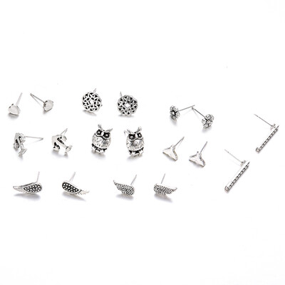 

9PairSet Vintage Silver Color Owl Fishtail Anchor Earrings Earring Set Mix Ear Stud