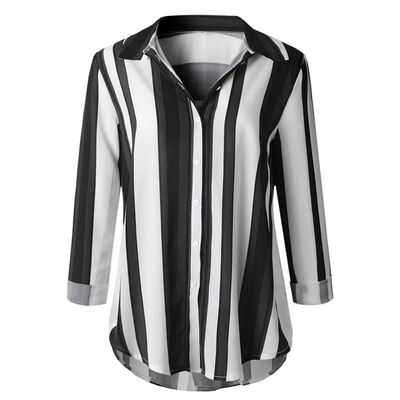 

Women Lapel Single-Breasted Long Sleeve Stitching Stripe Loose Shirts Versatile Blouse