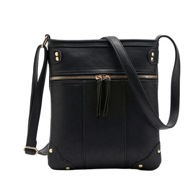 

Vintage Women Solid Color Rivet Front Zipper Faux Leather Crossbody Shoulder Bag