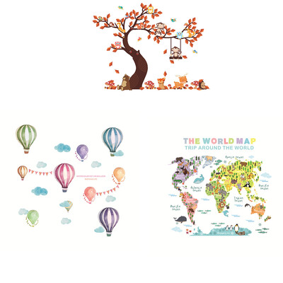 

Removable Animal World Map Wall Sticker Hot Air Balloon Large Tree Decals Kids Room Preschool Education PVC Wallpaper