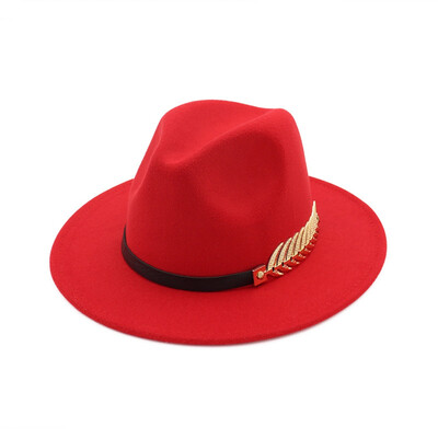 

Vintage Women Men Felt Wide Brim Fedoras Hat Trilby Jazz Gangster Cap With Leaf