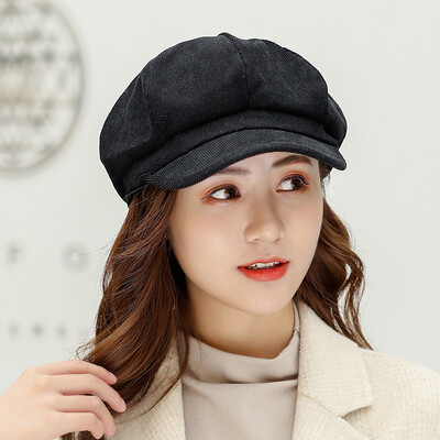 

Korean version of solid color corduroy octagonal Hat for women in autumn&winter Joker artist Hat retro Cap beret tide
