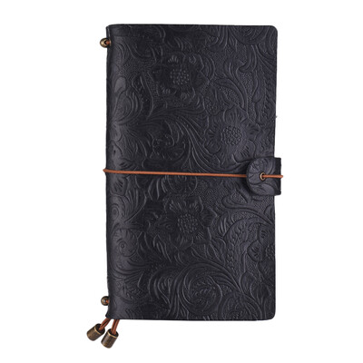 

Vintage Full Grain Leather Refillable Travel Journal Notebook Diary Embossed Flower Pattern Daily Notepad Cover with Elastic Strap