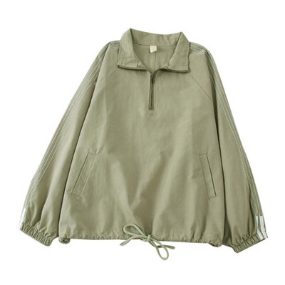 

New Korean Wind Spring Autumn Loose Sport Retro Drawstring Half Zipper Solid Color Long Sleeve Trench Coat Women ropa mujer