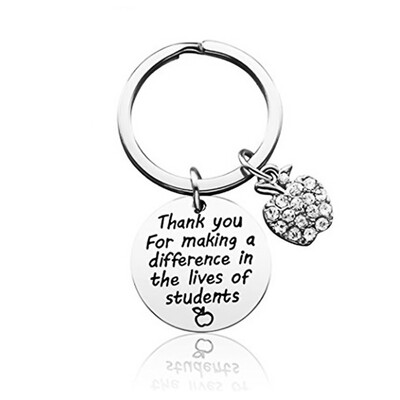 

1Pc Stainless Steel Pendants Keyring Crystal Apple Thanks Teacher Keychain Gift Accessories