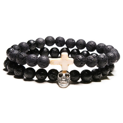 

New Fashion Trendy Jesus Cross Skull Charm Men Bracelet Natural Stone Beads Bracelets