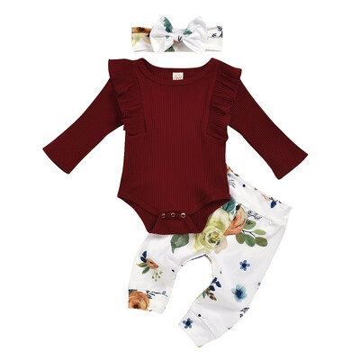 

3pcs Infant Newborn Baby Girl Clothes long sleeve ruffle Romper floral Long Pants headband Outfits clothes set for 0-24m