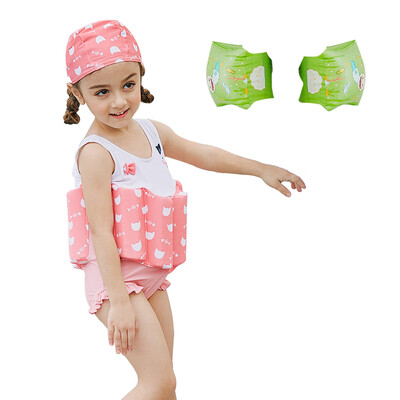 

Girl One-Piece Float SwimsuitCapArm Ring Stylish Cute Swimwear With Removable Buoyancy Perfect for Kid Learn to Swim Pink 130cm