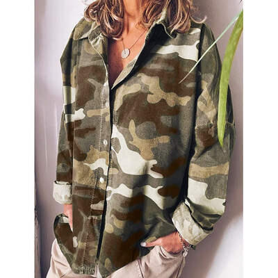

Tailored Womens Casual Long-Sleeved Blouse Loose Camouflage Button-Down Blouse