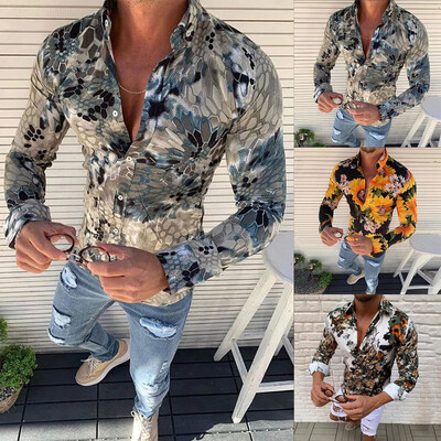 

Mens Fashion Casual Long Sleeve Shirt Holiday Slim Fit Shirt Print Blouse Top