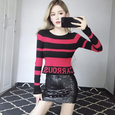 

Autumn Winter New Slim Striped Letter Pattern Crop Sweater Korean Style Round Neck Long Sleeve Women Knit T-shirt