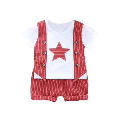 

Kids Clothes Set Summer Boy Clothes Fake 2 Piece Stripe Print Tops Blouse T-shirtShorts Children Casual Outfits Sets