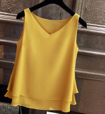 

Womens blouse Summer sleeveless Chiffon shirt Solid V-neck Casual blouse Plus Size  Loose Female Top 2019 Tops