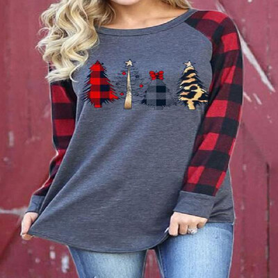 

Lattice&Christmas Trees Pattern Printed Long Raglan Sleeves Tee