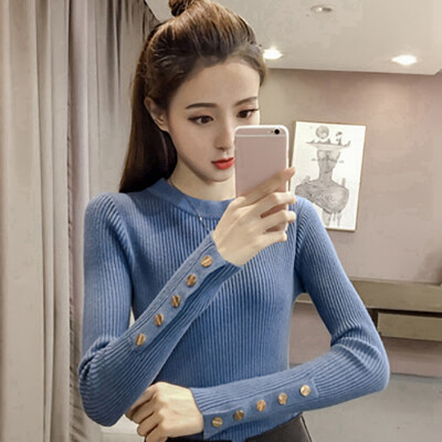 

New Hot Women Autumn Knitted Sweater Solid Knitted Female Cotton Soft Elastic Color Pullovers Button Full Sleeve Turtleneck 2019