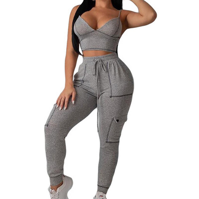 

Women V-Neck Low-Cut Sports Fitness Suit Sling Crop Tops And Loose Pants