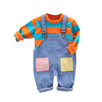 

Autumn Baby Boy Girl Outfits Long Sleeve Striped SweatshirtDenim Strap Trousers Casual Sets
