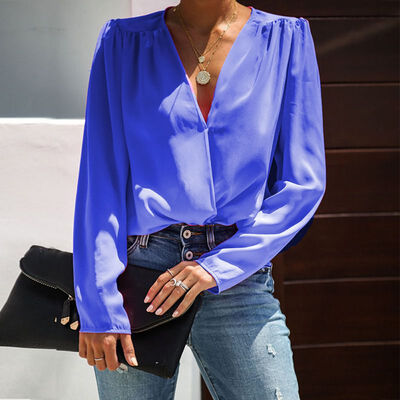 

Autumn Women Shirts Office Lady Blouses Long Sleeve V-Neck Ruched Solid Chiffon Blouse Tops V-Neck Wild Blusas