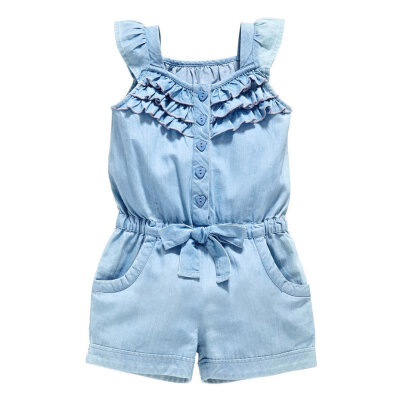 

Kids Baby Girls Clothing Rompers Denim Blue Cotton Washed Jeans Sleeveless Bow Jumpsuit 0-5 Years Old