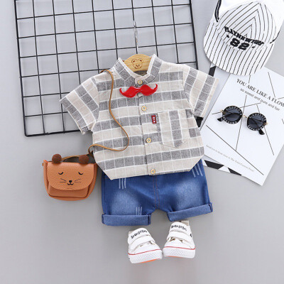 

2PcsSet Summer Baby Boys Cotton Short Sleeve Plaid Print Tops Blouse T-shirtDenim Shorts Casual Outfits Sets