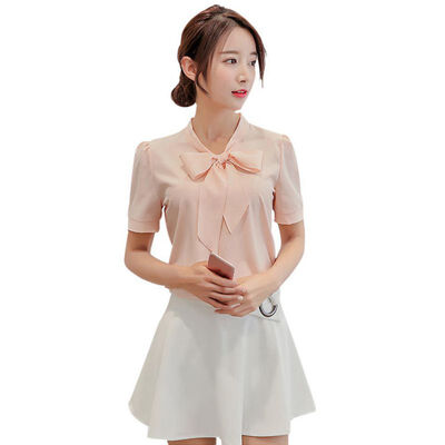 

Women Spring Autumn Long &Short Sleeve Solid Shirt Chiffon Bow Bandage Elegant Shirts Blouses