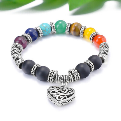 

10Mm Obsidian Beads Bracelets & Bangles Colorful Chakra Stone With Heart Pendant Charm Strand Bracelet For Women Men