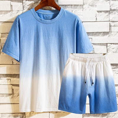 

Toponeto Mens Summer New Cotton Linen Shortsleeved Short Pant Fashion Gradual Color Suit