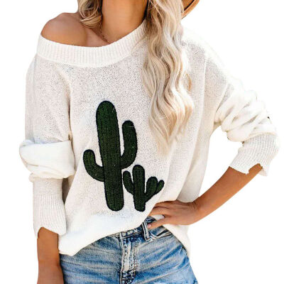 

Womens Cactus Print Pullover Sweater Casual Loose Crewneck Thin Sweatshirt