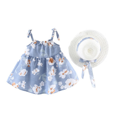 

2018 Fashion Summer Girl Flowers Straw HatBow Strap Princess Dress Children Dress Girls Clothes Set 1-4T L1