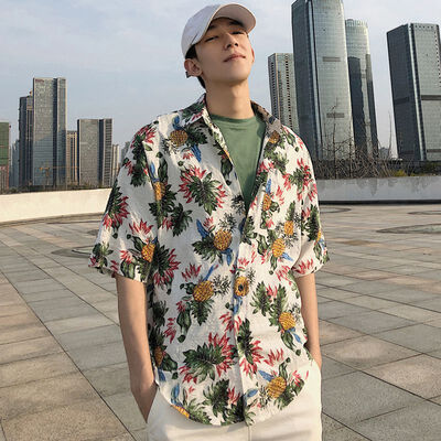 

Summer Men Hawaiian Shirt Cotton Short Sleeve Man Blouses Loose Pineapple Print Fashion Half Sleeve Collar Shirts