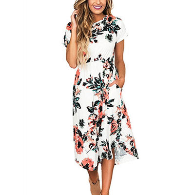 

Summer Long dress women New Round Neck Short-sleeved Bohemian Style Beach Dresses Floral Print Pocket Dress vestidos