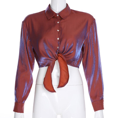 

2019 Autumn Long Sleeve Turn-down Collar Shirt New Women Temperament Bright Silk Knotted Shirt Solid Casual Women Crop Top