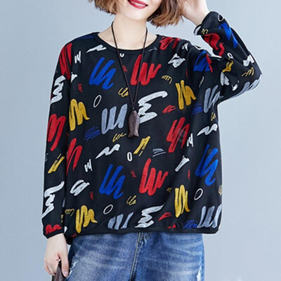 

Women Loose Sweatshirt Pullovers Printed Long Sleeves Drop Shoulder Oversized Plus Size Vintage Hoodies Casual Tops