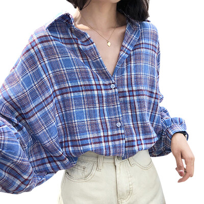 

Korean Style Blue Lapel Lantern Sleeve Shirt Loose Casual Plaid Pattern Womens Fashion Blouse