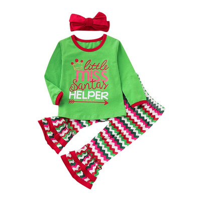 

3Pcs Christmas Set Clothes Cute Infant Baby Girls Wave Pattern Cotton Romper Pants Headband 3pcs Outfits Sets