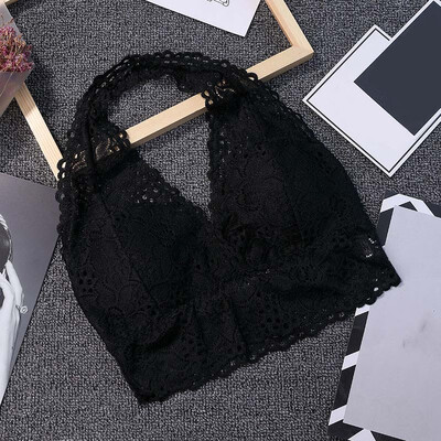 

Sexy Detachable Chest Pad Lace Print Patchwork Camisole Women Deep V-Neck Solid Color Halter Sleeveless Ladies Underwear