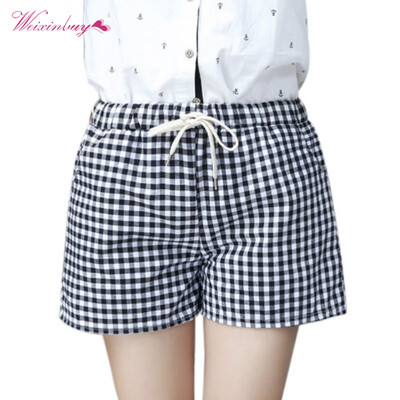

WEIXINBUY Cotton Linen English Plaid Shorts women High Waist Straight Shorts With Sashes Women Black White Plaid Short Pants