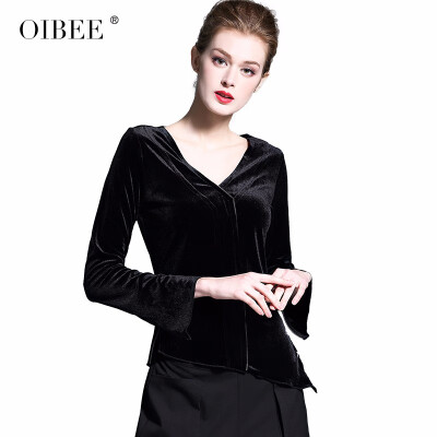 

OIBEE2019 womens new fashion slim slimming V-neck zipper side female gold velvet T-shirt long-sleeved jacket